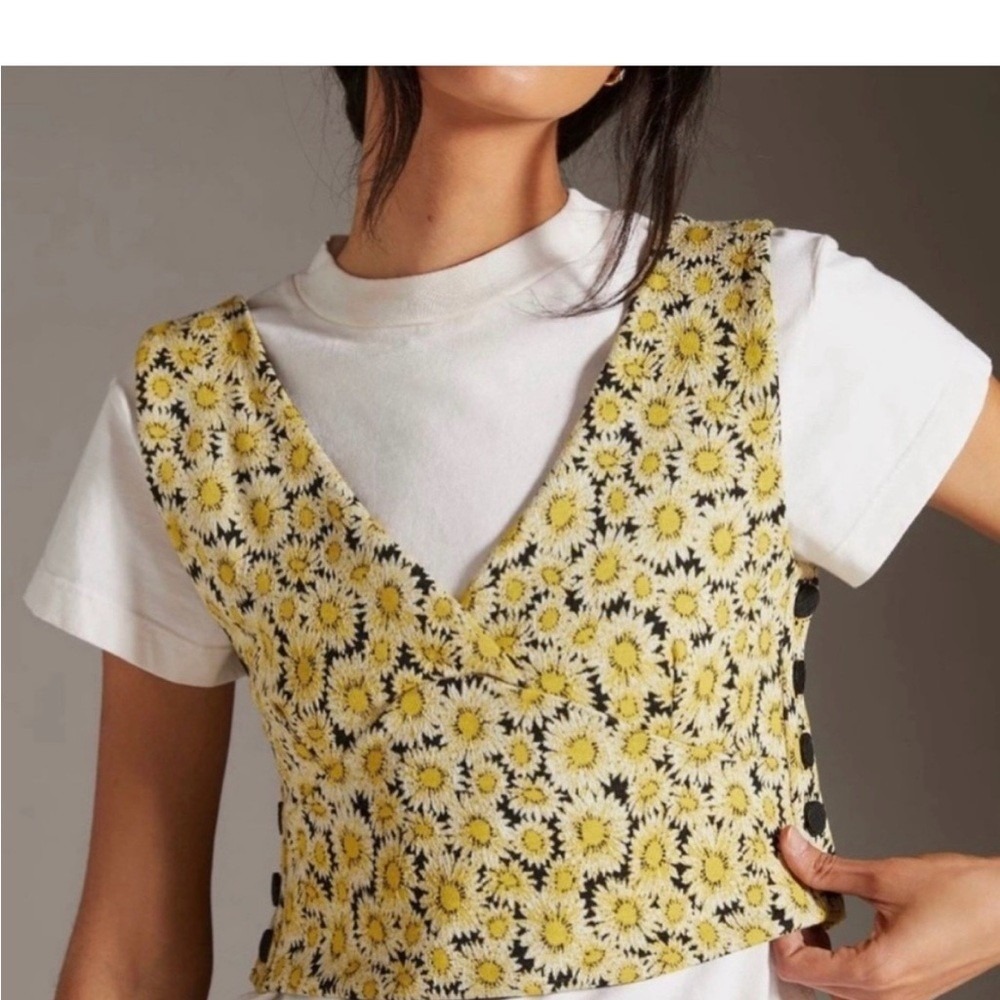 Maeve Top Womens Small Yellow Floral Daisy V Neck Side Button Crop Anthropologie